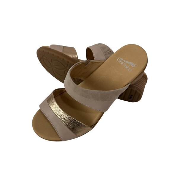 Dansko Womens Double Strap Sandals SZ 39 Gold/Beige Leather Open Toe Block Heel - Picture 4 of 8